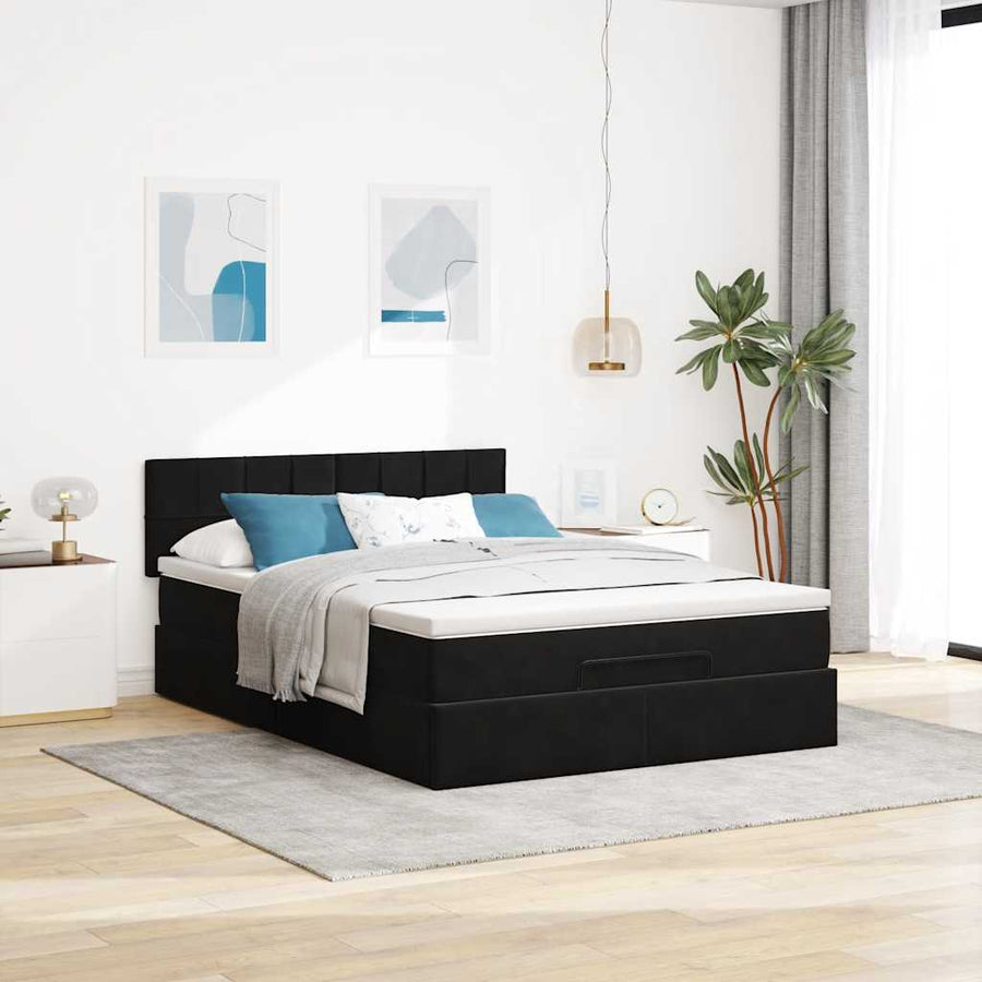 Ottoman Bed Met Matras En Led's 140X200Cm Fluweel 140 x 200 cm Zwart