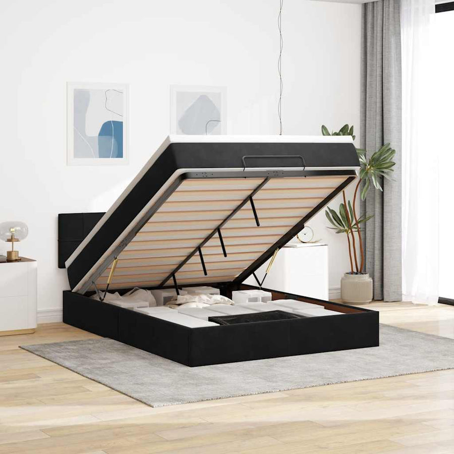 Ottoman Bed Met Matras En Led's 140X200Cm Fluweel 140 x 200 cm Zwart