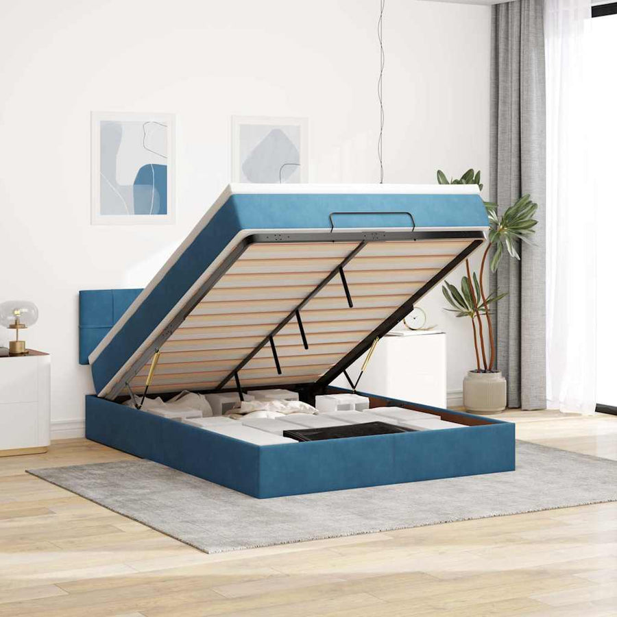 Ottoman bed met matras en LED's 140x200cm fluweel donkerblauw