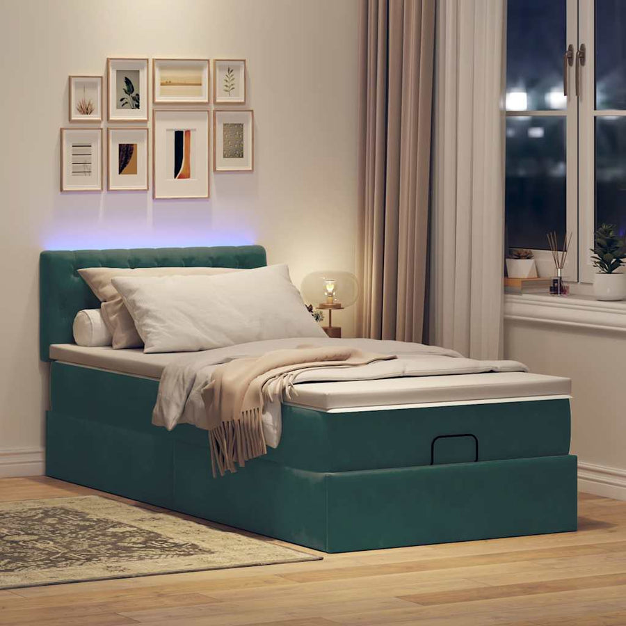 Ottoman bed met matras en LED's 90x200cm fluweel donkergroen
