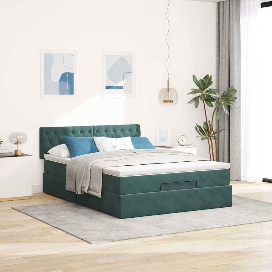 Ottoman bed met matras en LED's 140x190cm fluweel donkergroen