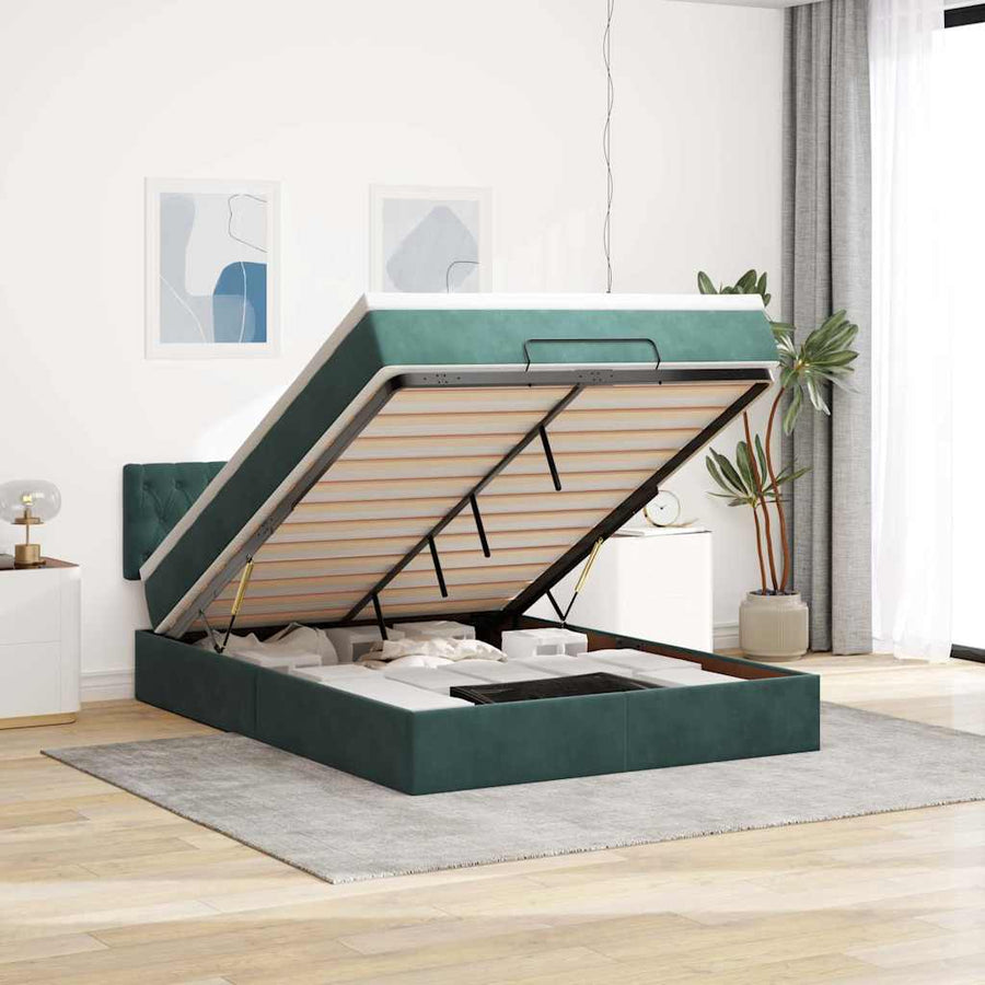 Ottoman bed met matras en LED's 140x190cm fluweel donkergroen