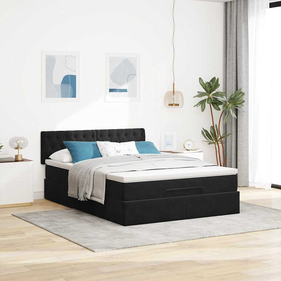 Ottoman Bed Met Matras En Led's 140X200Cm Fluweel 140 x 200 cm Zwart