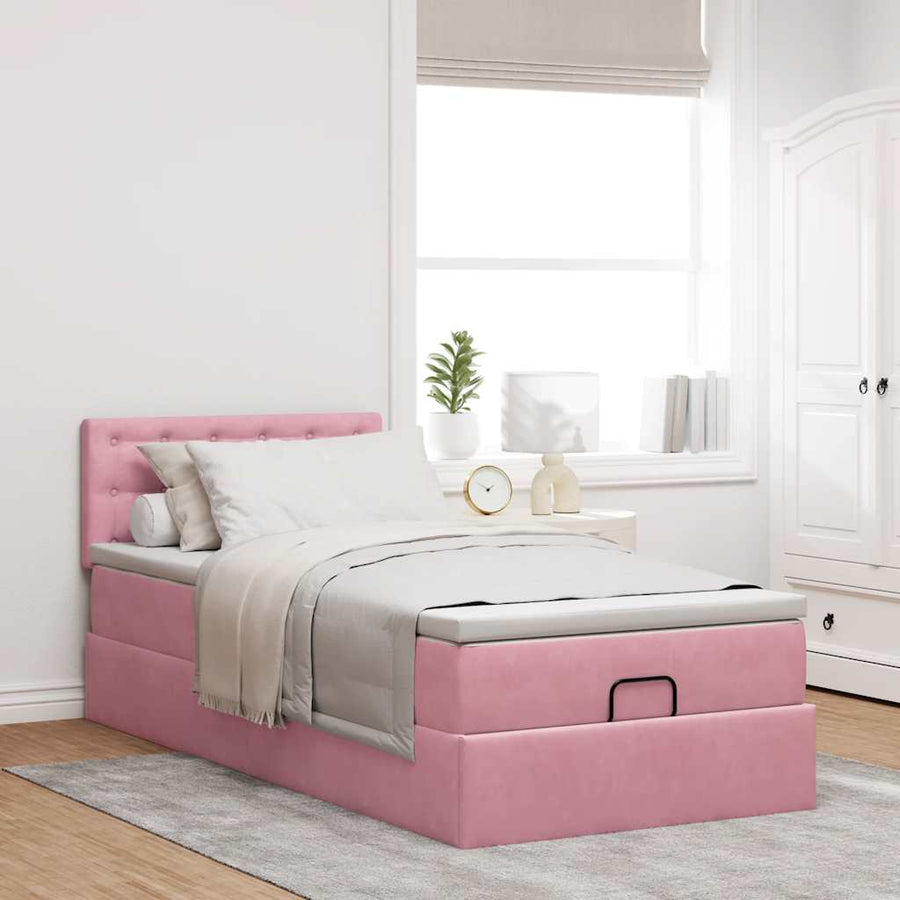 Ottoman bed met matras en LED's 90x200cm fluweel roze