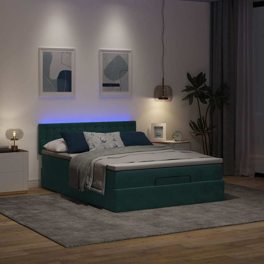 Ottoman bed met matras en LED's 140x190cm fluweel donkergroen