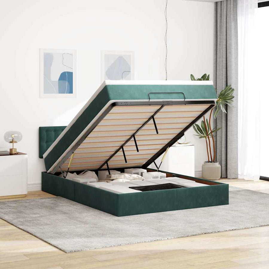 Ottoman bed met matras en LED's 140x190cm fluweel donkergroen