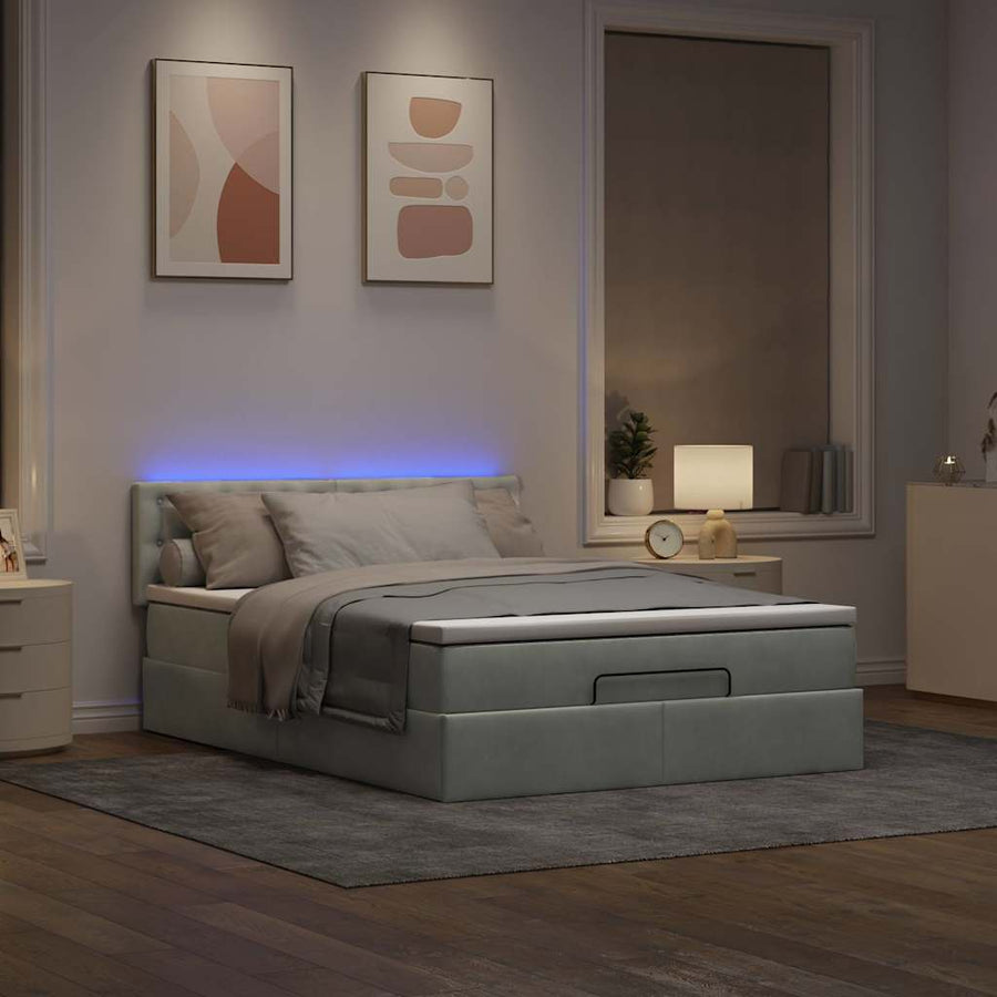 Ottoman bed met matras en LED's 140x200cm fluweel lichtgrijs