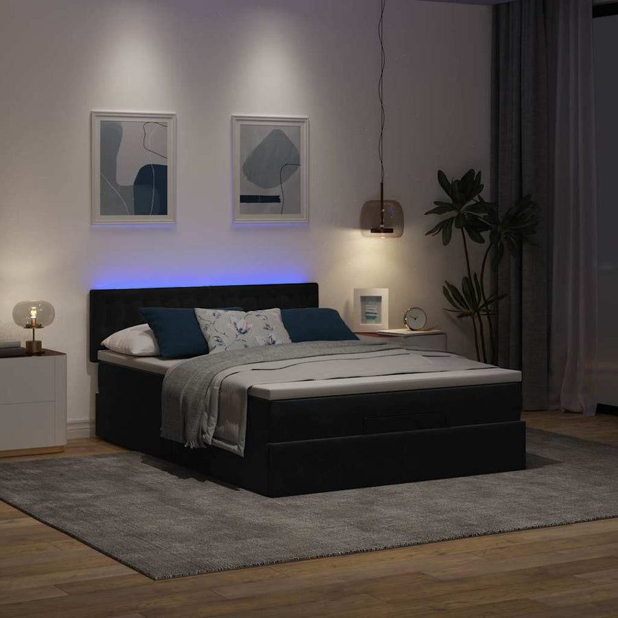 Ottoman Bed Met Matras En Led's 140X200Cm Fluweel 140 x 200 cm Zwart