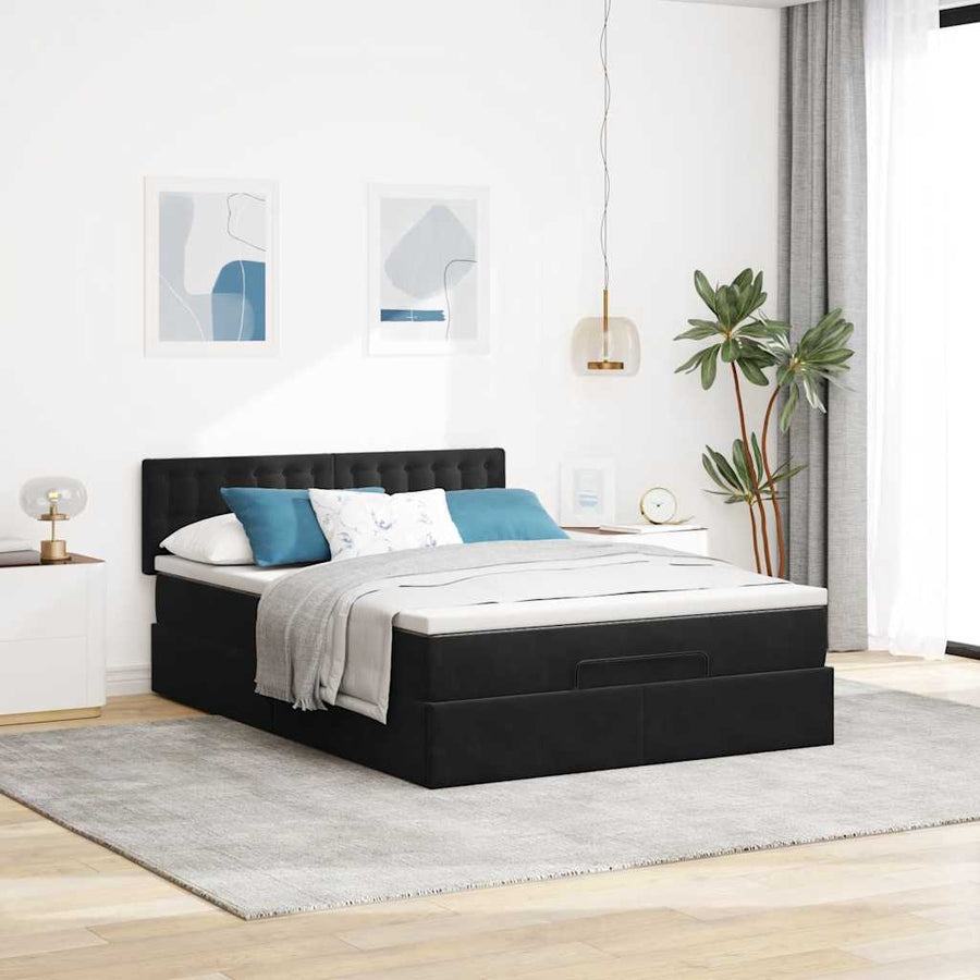 Ottoman Bed Met Matras En Led's 140X200Cm Fluweel 140 x 200 cm Zwart
