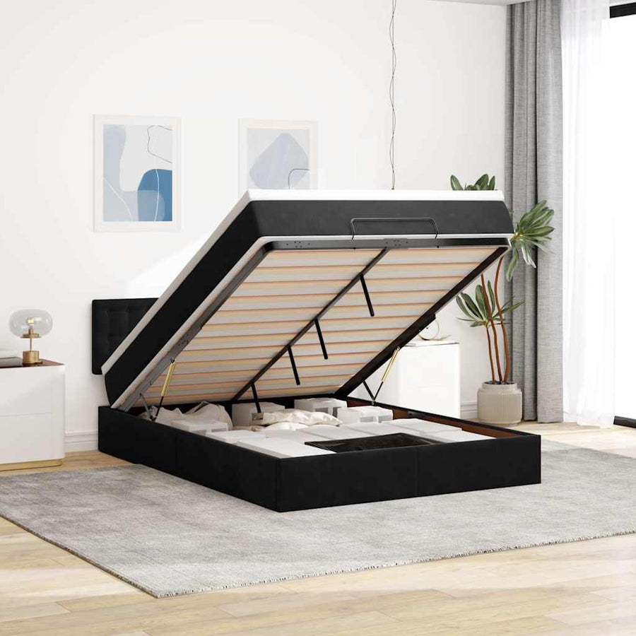 Ottoman Bed Met Matras En Led's 140X200Cm Fluweel 140 x 200 cm Zwart