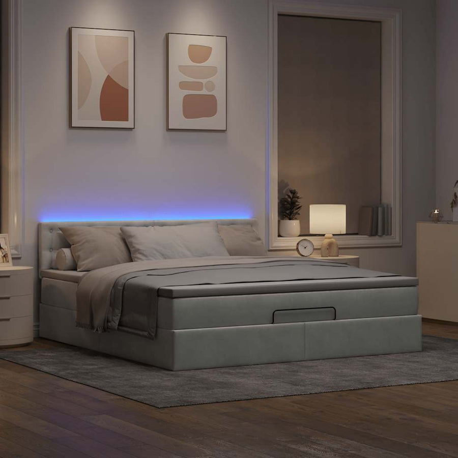 Ottoman bed met matras en LED's 160x200cm fluweel lichtgrijs