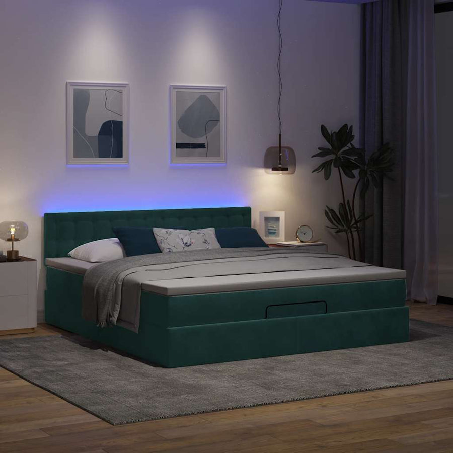 Ottoman Bed Met Matras En Led's 160X200Cm Fluweel 160 x 200 cm Donkergroen