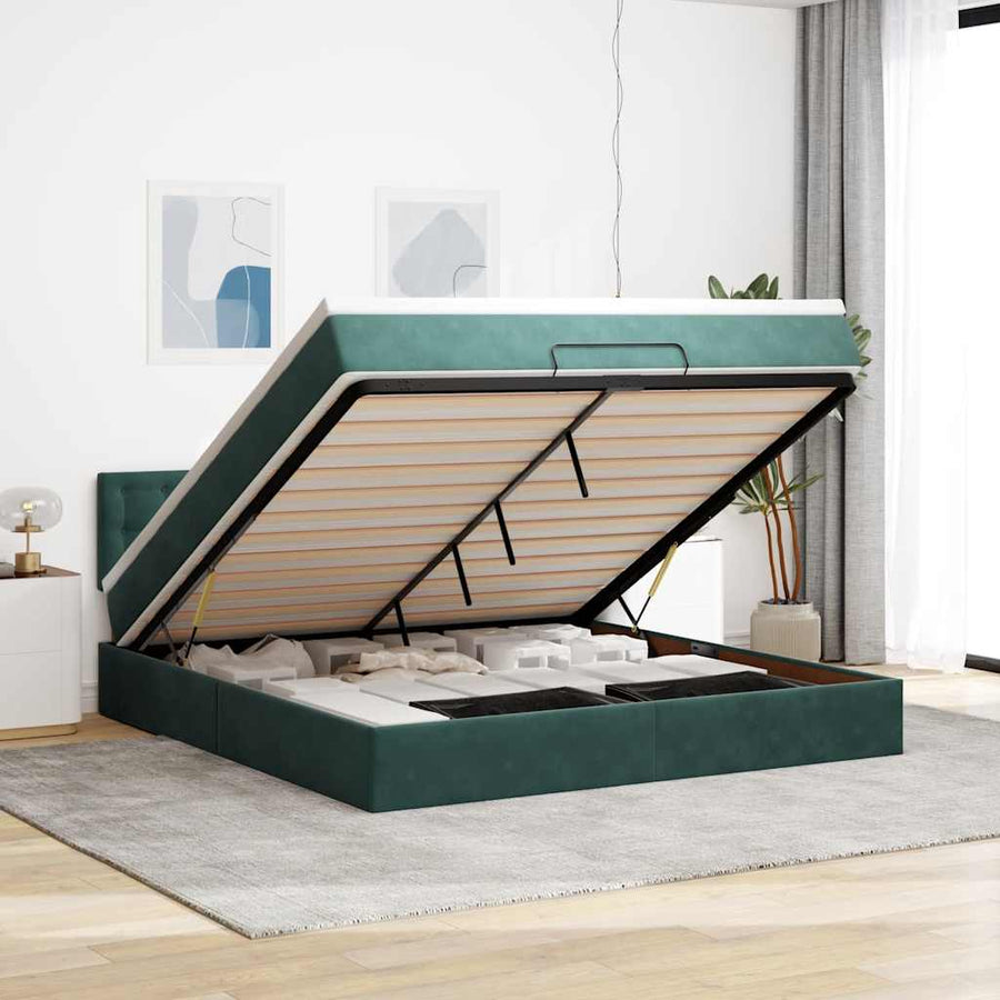 Ottoman Bed Met Matras En Led's 160X200Cm Fluweel 160 x 200 cm Donkergroen