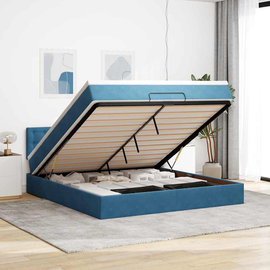 Ottoman Bed Met Matras En Led's 160X200Cm Fluweel 160 x 200 cm Donkerblauw