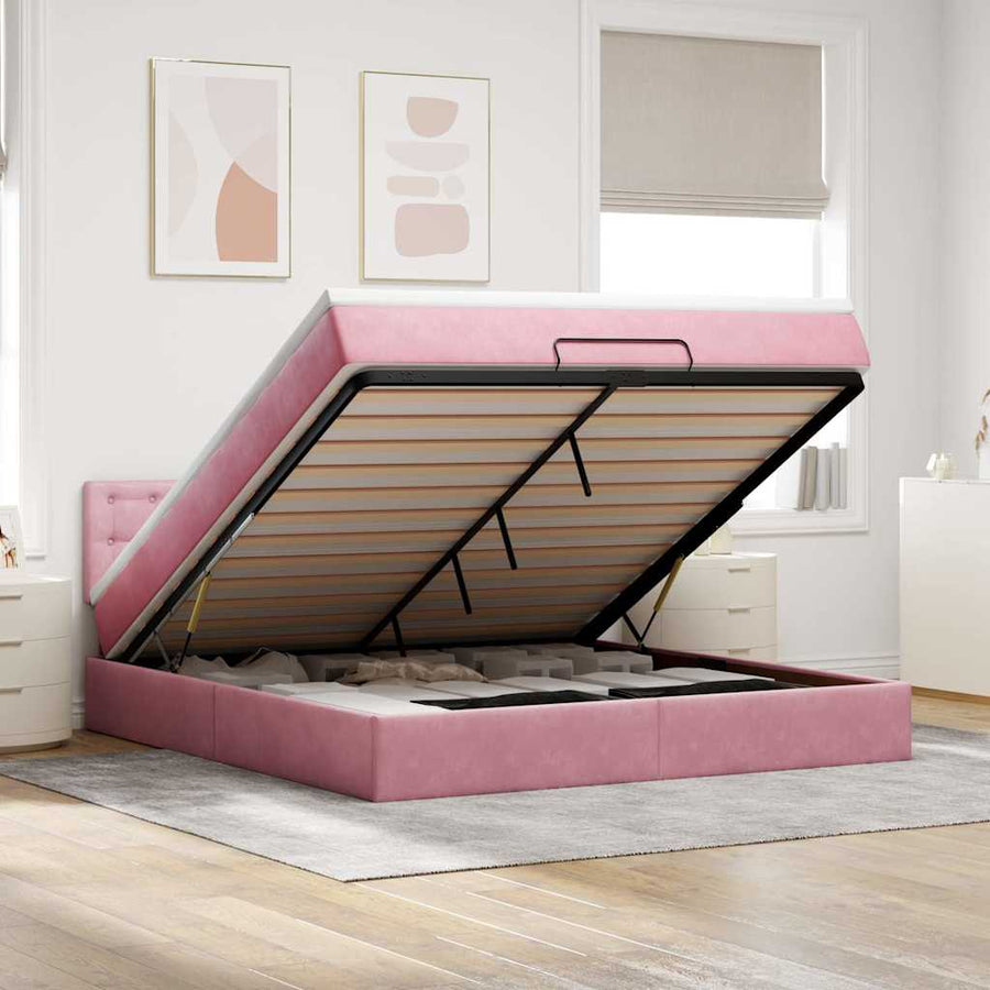 Ottoman bed met matras en LED's 160x200cm fluweel roze