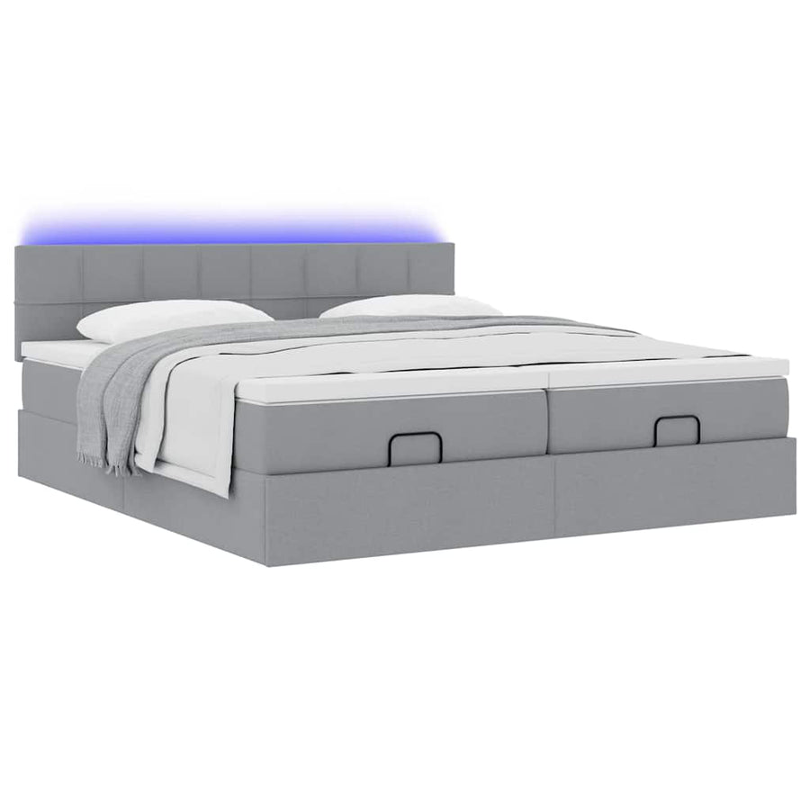 Ottoman bed met matrassen en LED's 200x200cm stof lichtgrijs