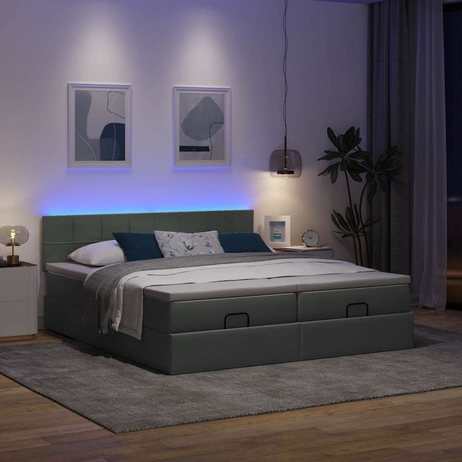 Ottoman bed met matrassen en LED's 200x200cm stof donkergrijs