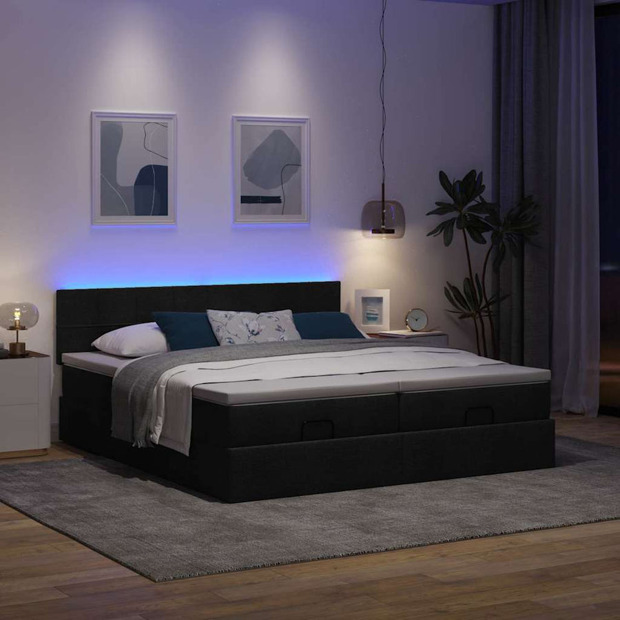Ottoman bed met matrassen en LED's 200x200cm stof zwart