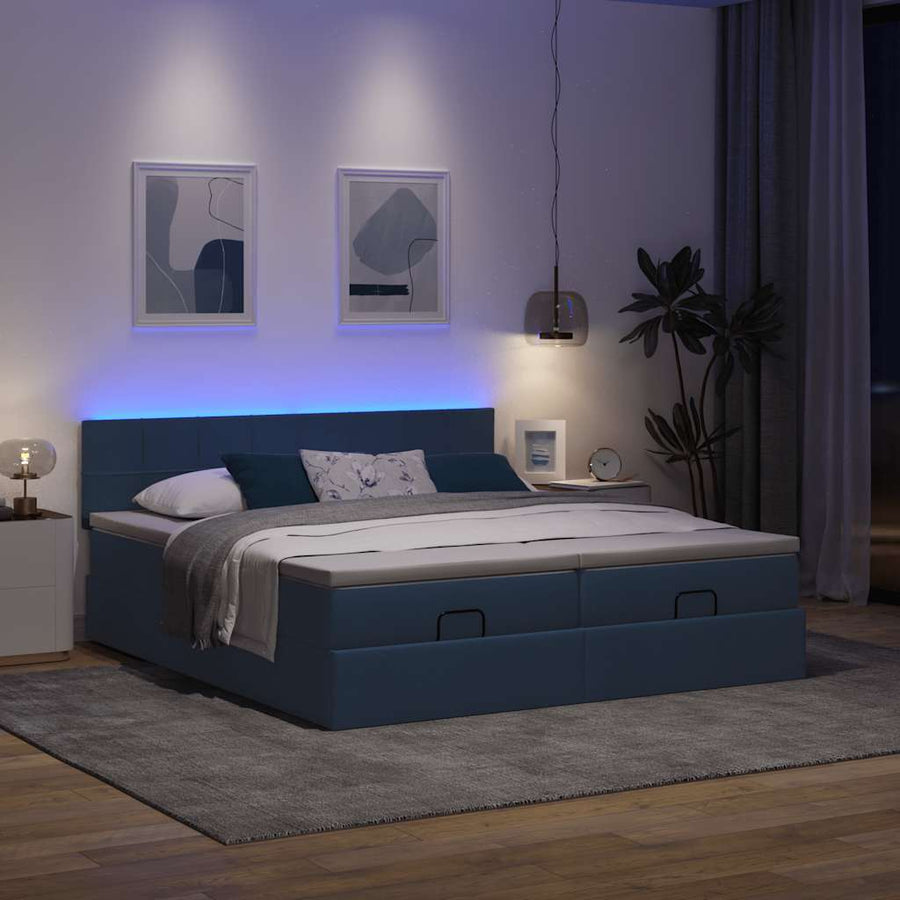 Ottoman bed met matrassen en LED's 200x200cm stof blauw