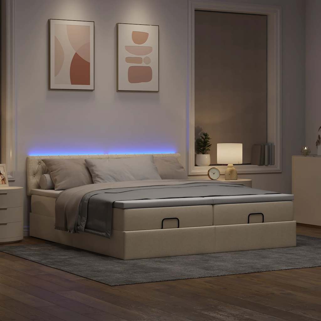 Ottoman bed met matrassen en LED's 160x200cm stof crèmekleurig