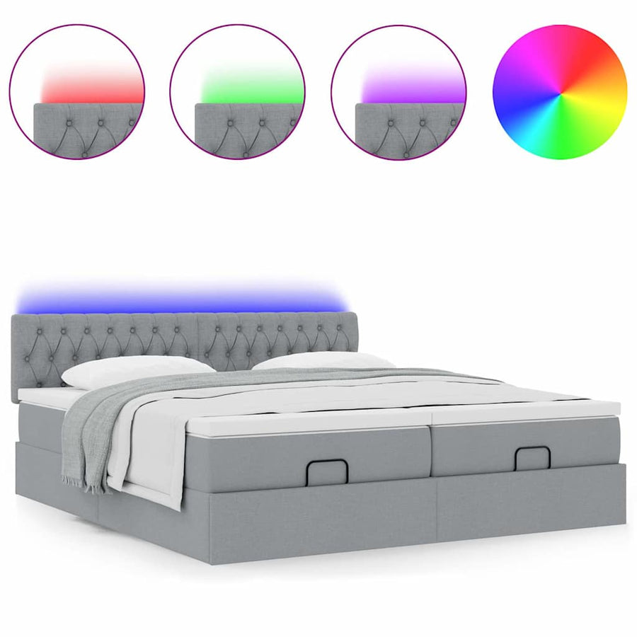 Ottoman bed met matrassen en LED's 180x200cm stof lichtgrijs