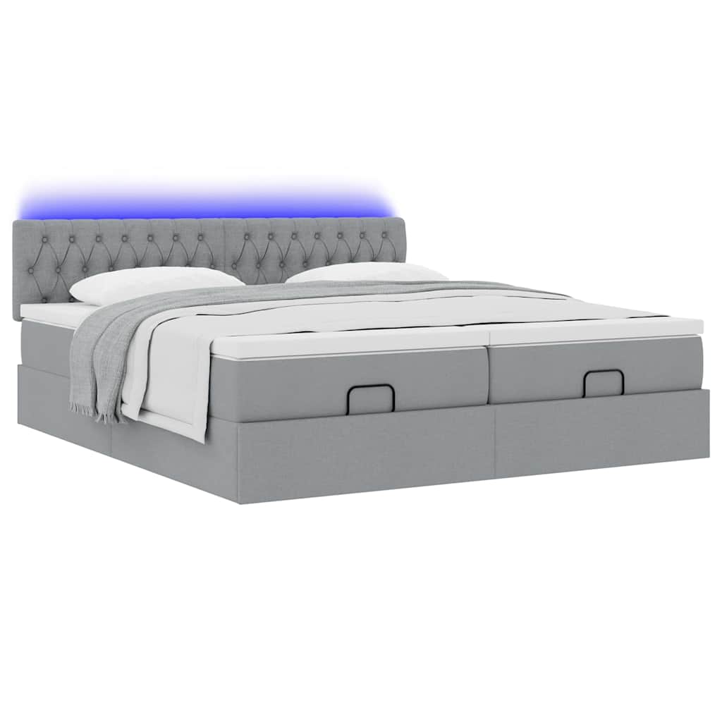 Ottoman bed met matrassen en LED's 200x200cm stof lichtgrijs