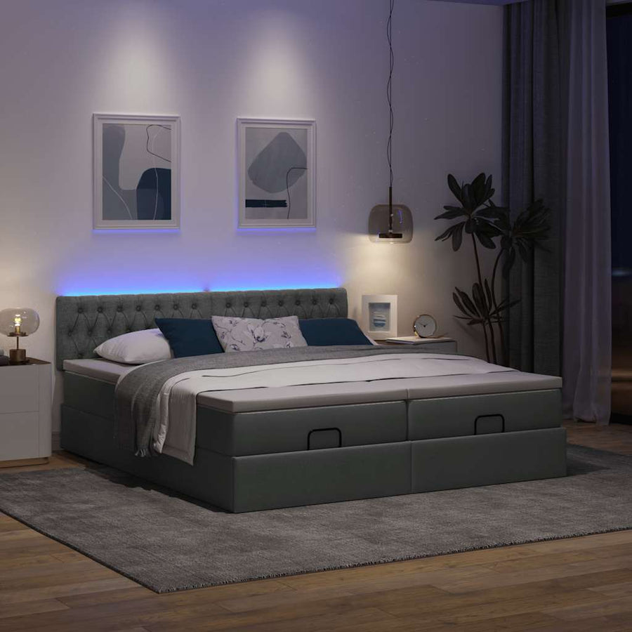 Ottoman bed met matrassen en LED's 200x200cm stof donkergrijs