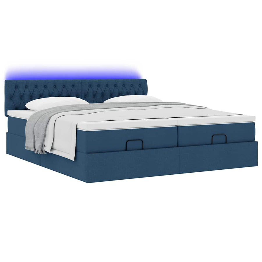 Ottoman bed met matrassen en LED's 200x200cm stof blauw