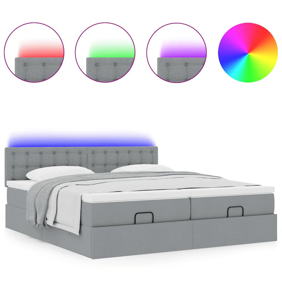 Ottoman bed met matrassen en LED's 180x200cm stof lichtgrijs