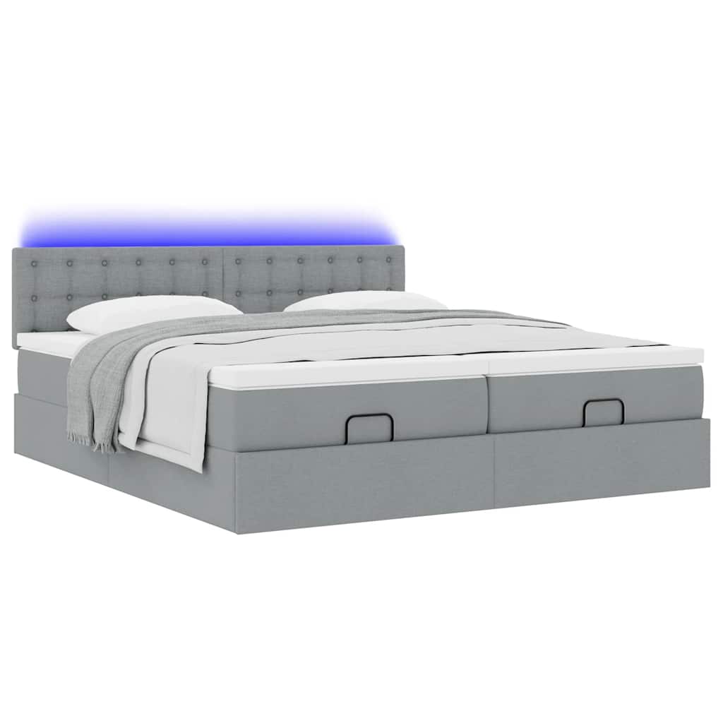 Ottoman bed met matrassen en LED's 200x200cm stof lichtgrijs