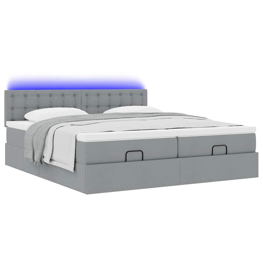 Ottoman bed met matrassen en LED's 200x200cm stof lichtgrijs