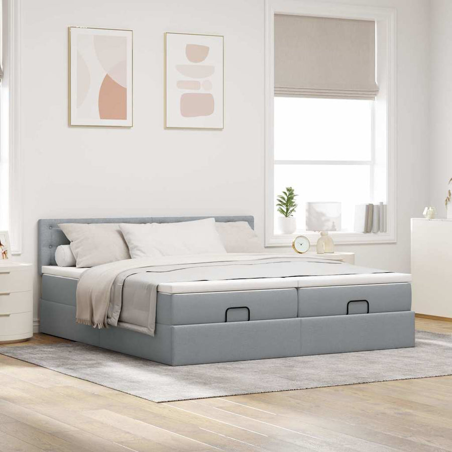 Ottoman bed met matrassen en LED's 200x200cm stof lichtgrijs