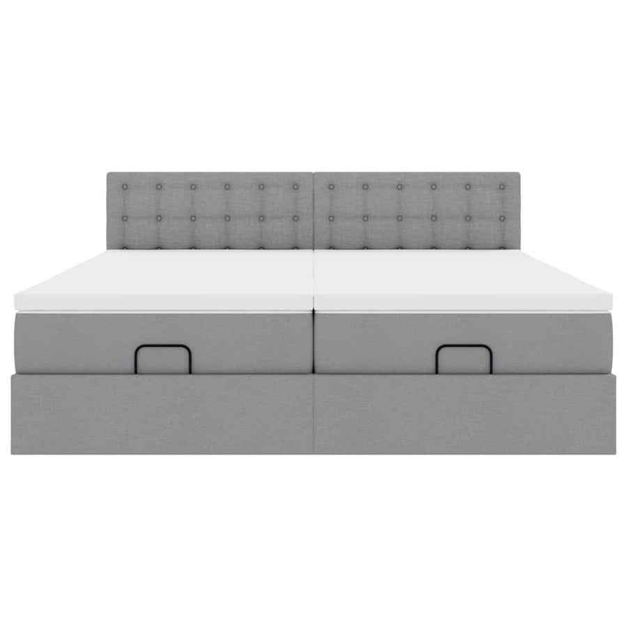 Ottoman bed met matrassen en LED's 200x200cm stof lichtgrijs
