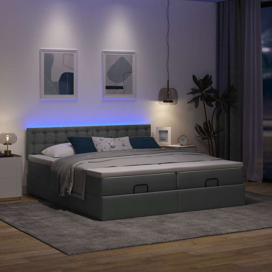 Ottoman bed met matrassen en LED's 200x200cm stof donkergrijs