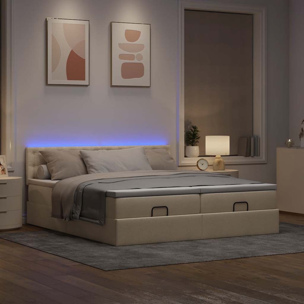 Ottoman bed met matrassen en LED's 200x200cm stof crèmekleurig