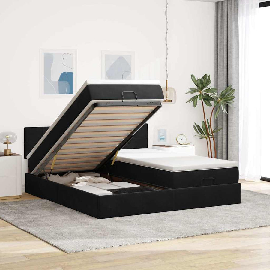 Ottoman Bed Met Matrassen En Led's 180X200Cm Fluweel 180 x 200 cm Zwart