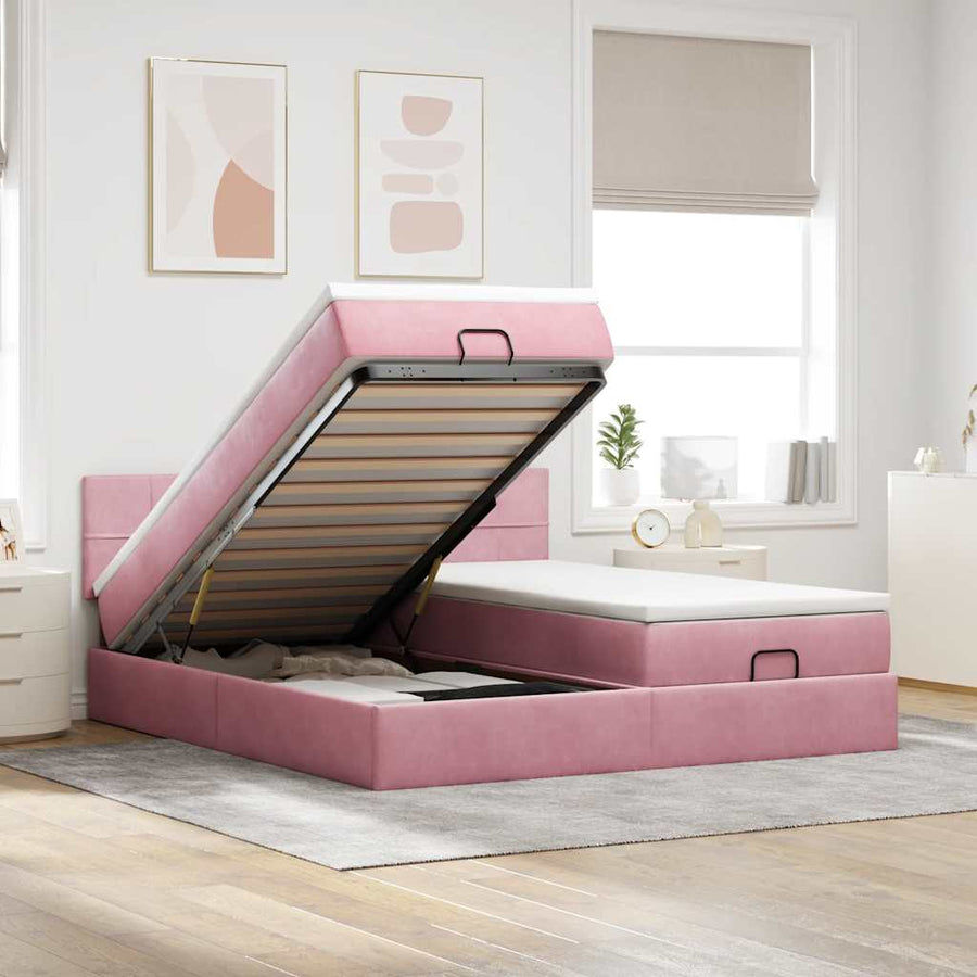 Ottoman Bed Met Matrassen En Led's 180X200Cm Fluweel 180 x 200 cm Roze