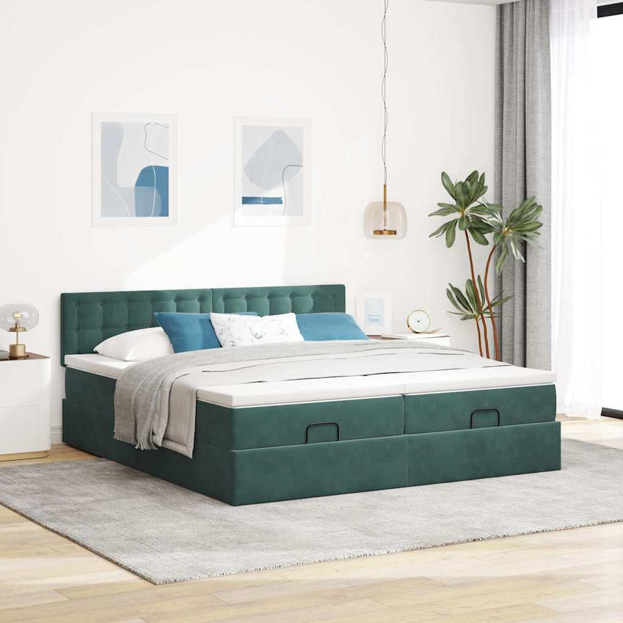 Ottoman Bed Met Matrassen En Led's 160X200Cm Fluweel 160 x 200 cm Donkergroen
