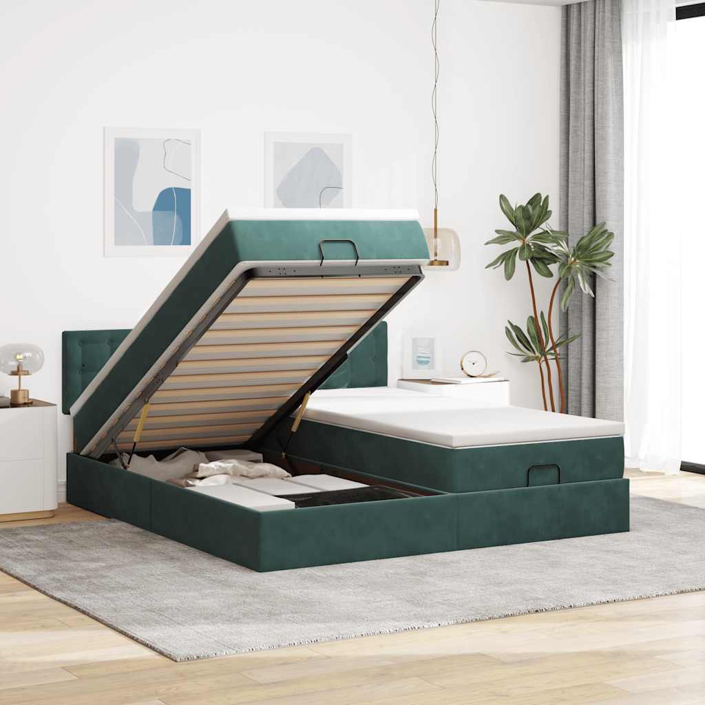 Ottoman Bed Met Matrassen En Led's 160X200Cm Fluweel 160 x 200 cm Donkergroen