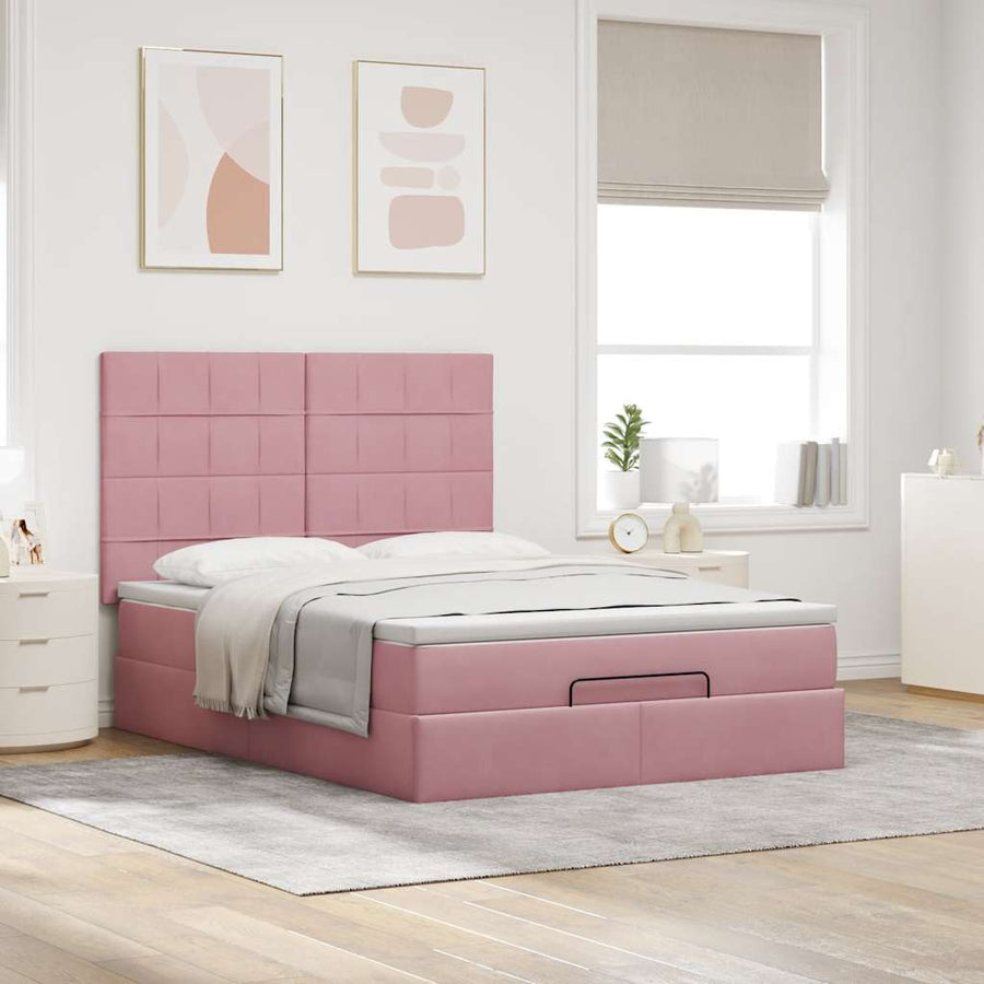 Ottoman bed met matrassen 140x200cm fluweel roze