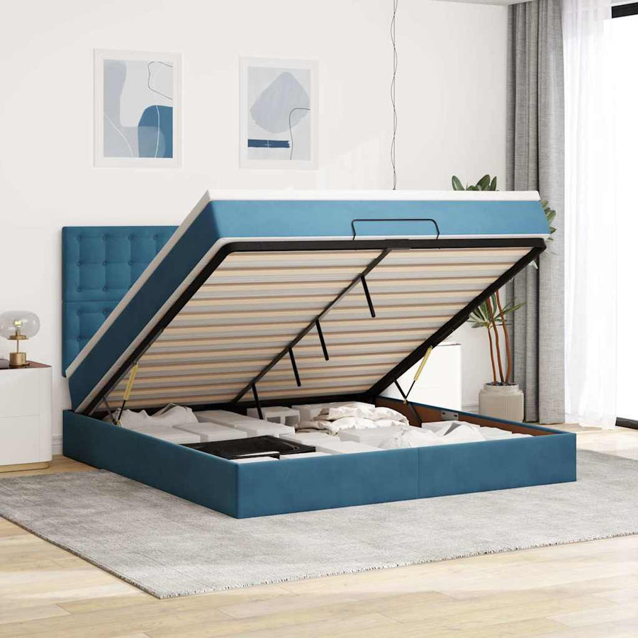 Ottoman Bed Met Matrassen 160X200Cm Fluweel 160 x 200 cm Donkerblauw