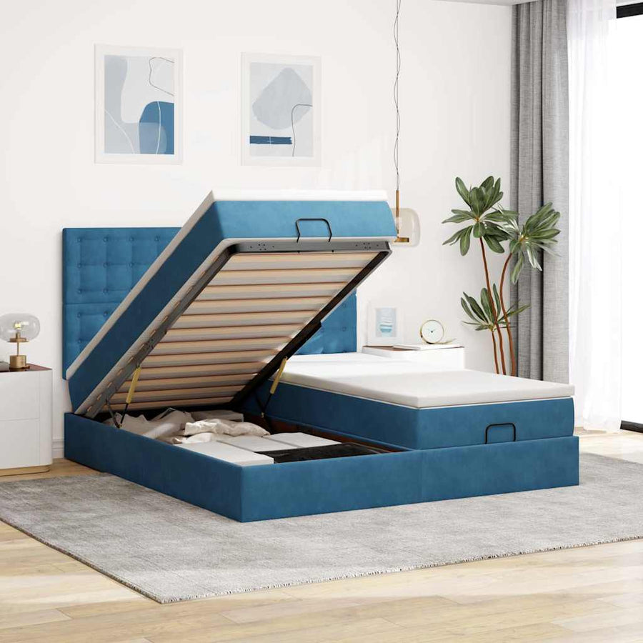 Ottoman Bed Met Matrassen 160X200Cm Fluweel 160 x 200 cm Donkerblauw