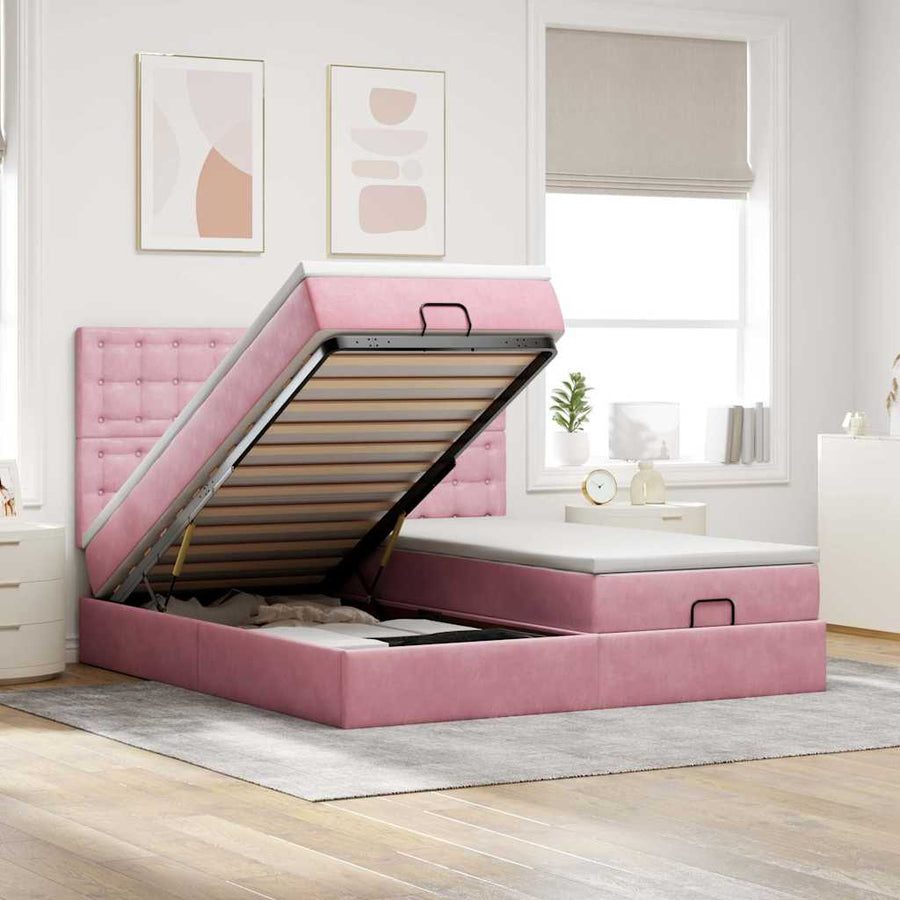 Ottoman Bed Met Matrassen 160X200Cm Fluweel 160 x 200 cm Roze
