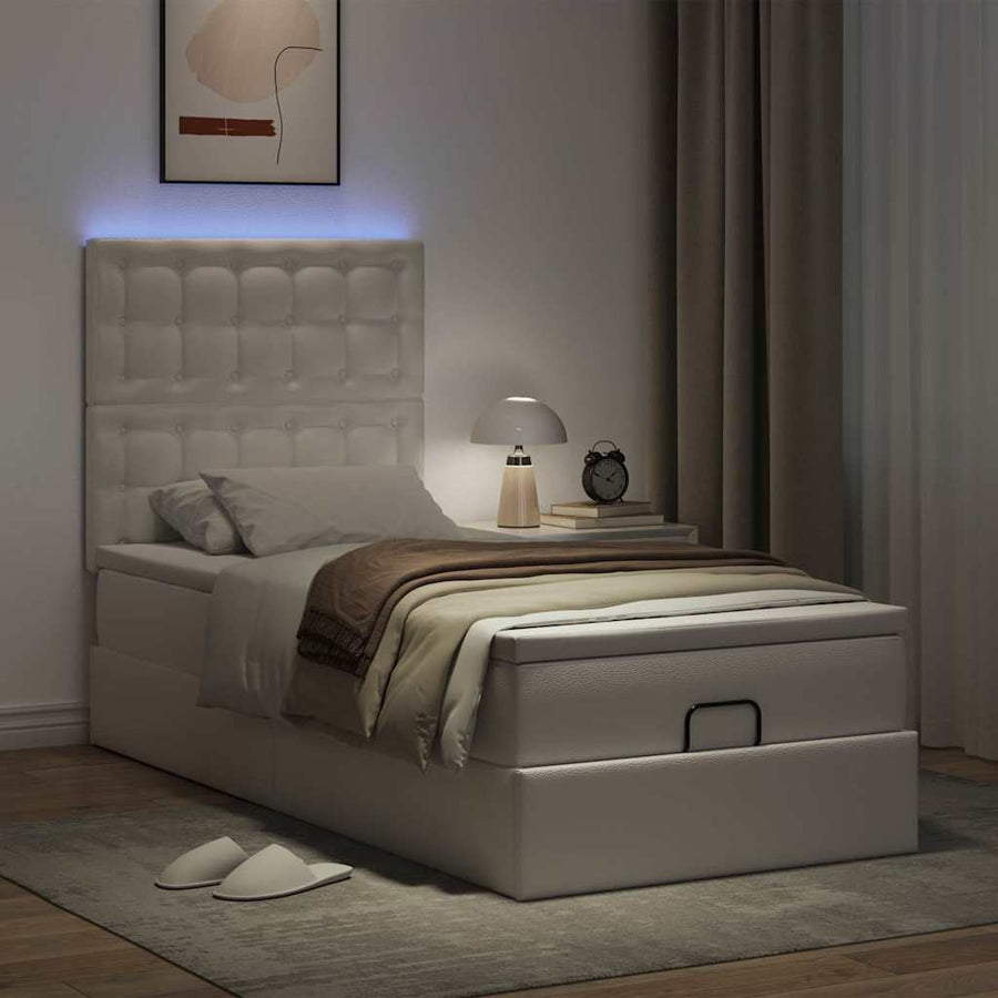 Ottoman Bed Met Matras En Led's 90X190Cm Kunstleer 90 x 190 cm Wit