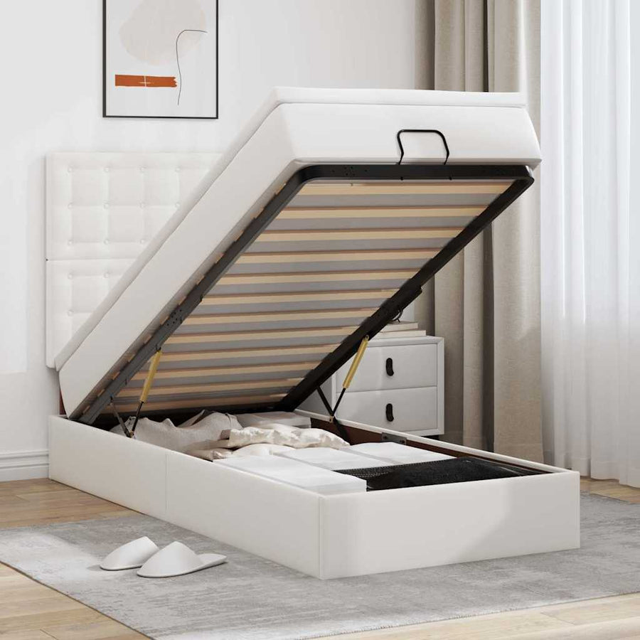 Ottoman Bed Met Matras En Led's 90X190Cm Kunstleer 90 x 190 cm Wit