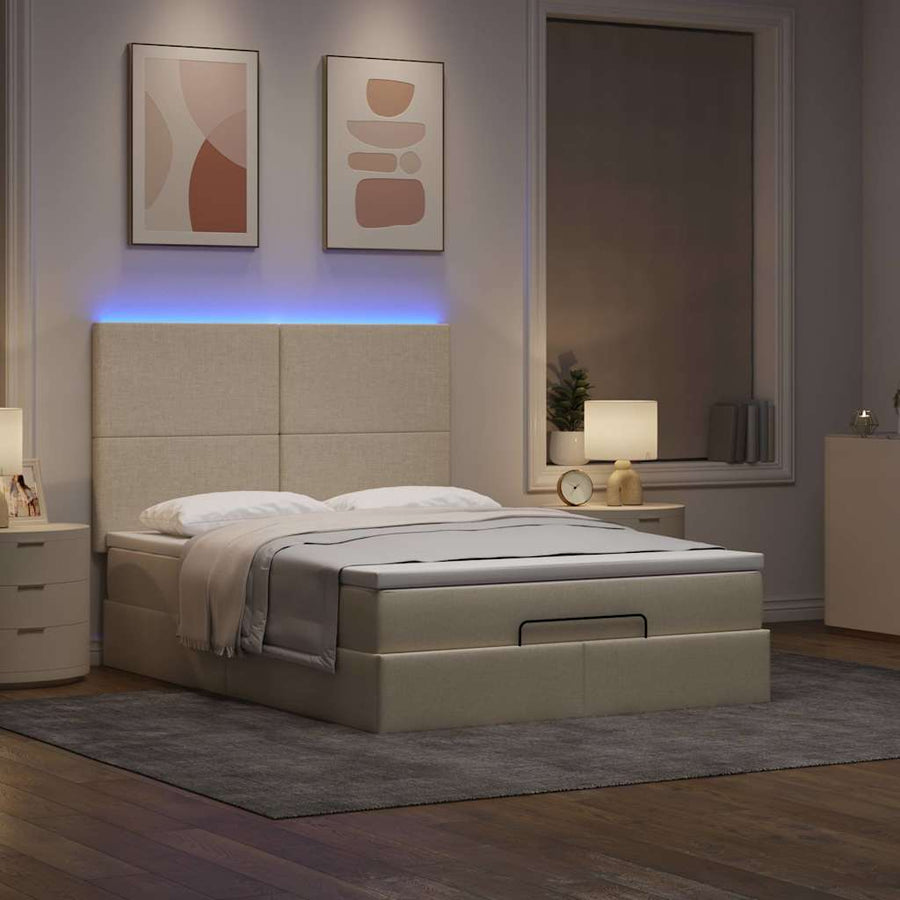 Ottoman bed met matras en LED's 140x190cm stof crèmekleurig