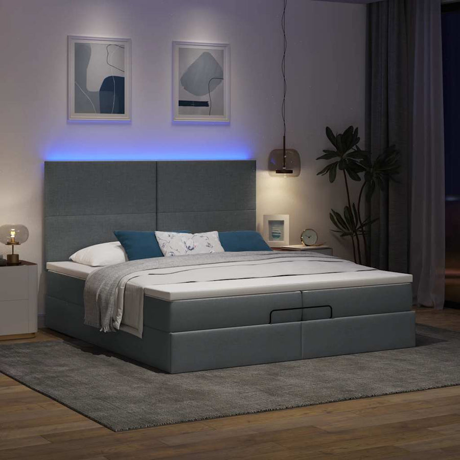 Ottoman bed met matrassen en LED's 200x200cm stof donkergrijs