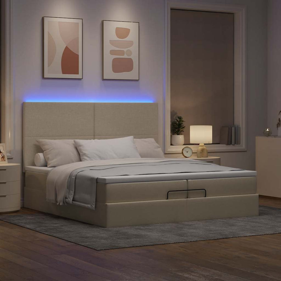 Ottoman bed met matrassen en LED's 200x200cm stof crèmekleurig