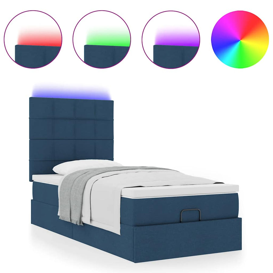 Ottoman bed met matras en LED's 90x200cm stof blauw