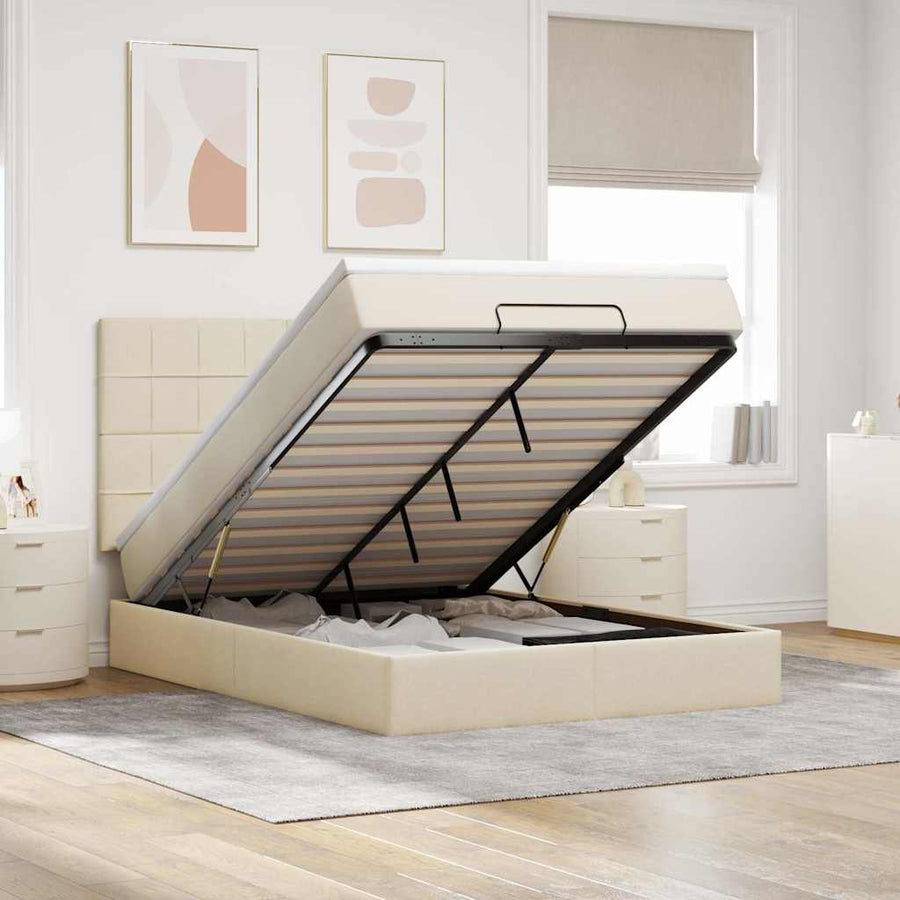Ottoman bed met matras en LED's 140x190cm stof crèmekleurig